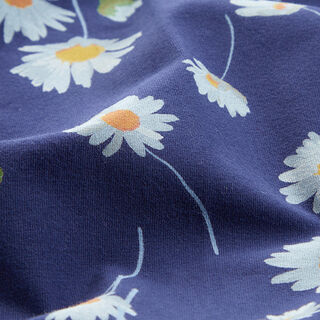 Katoenjersey madeliefjes – marineblauw | Stofrestant 100cm, 