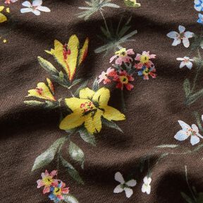 Viscosejersey Kleine bloempjes – donkerbruin/vuurrood, 