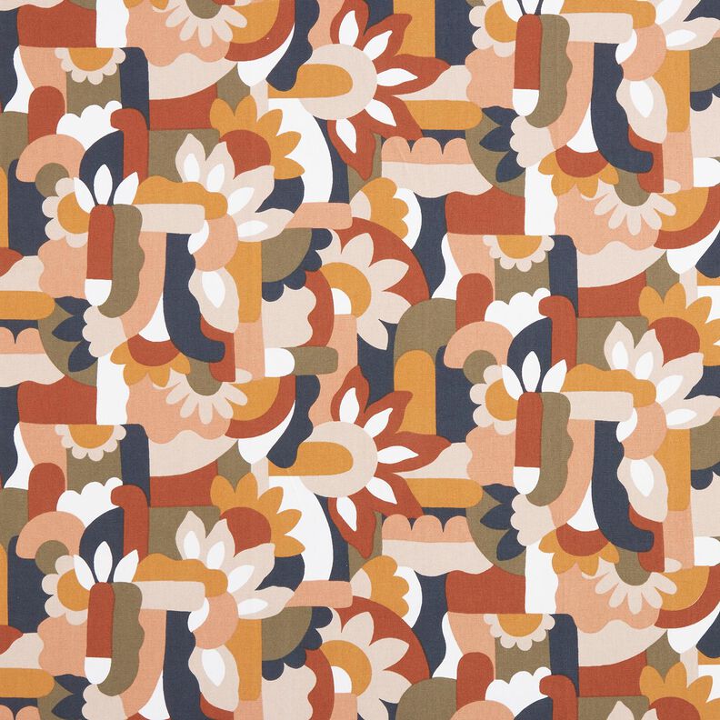 Decostof Half panama abstracte retrobloemen – wit/koper, image number 1