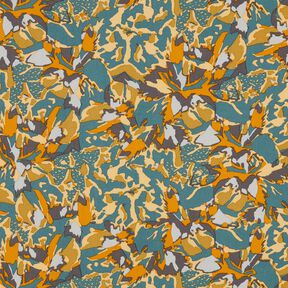 Viscosestof abstracte bloemenzee – blauwe spar/currygeel, 