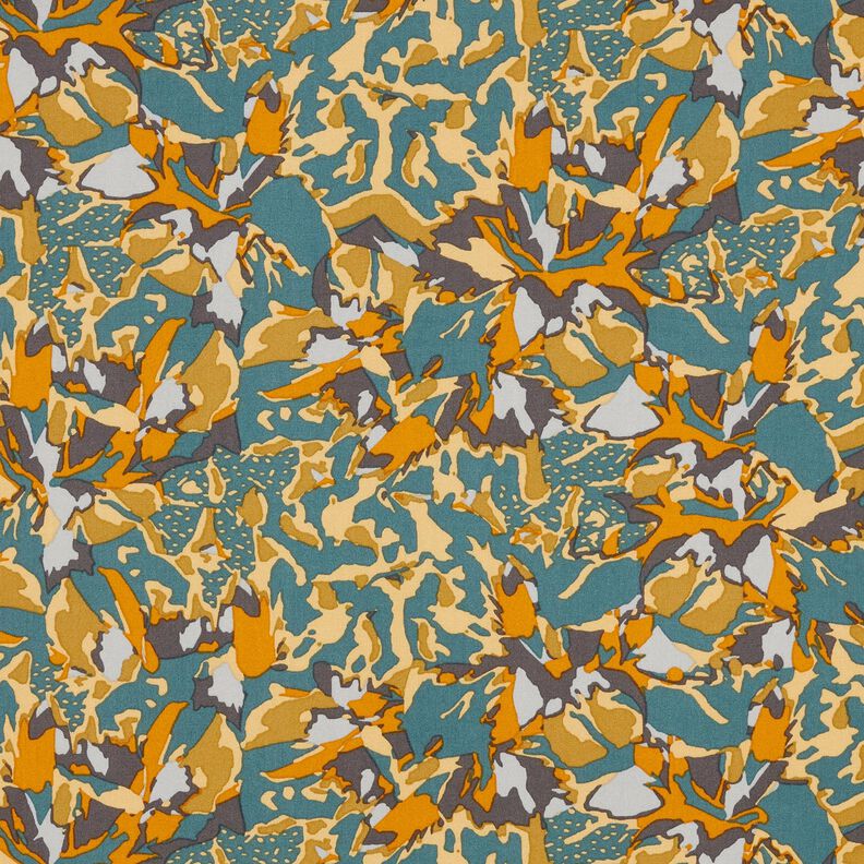 Viscosestof abstracte bloemenzee – blauwe spar/currygeel,  image number 1