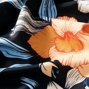 Badpakstof grote hibiscusbloemen – zwart blauw/perzik, 