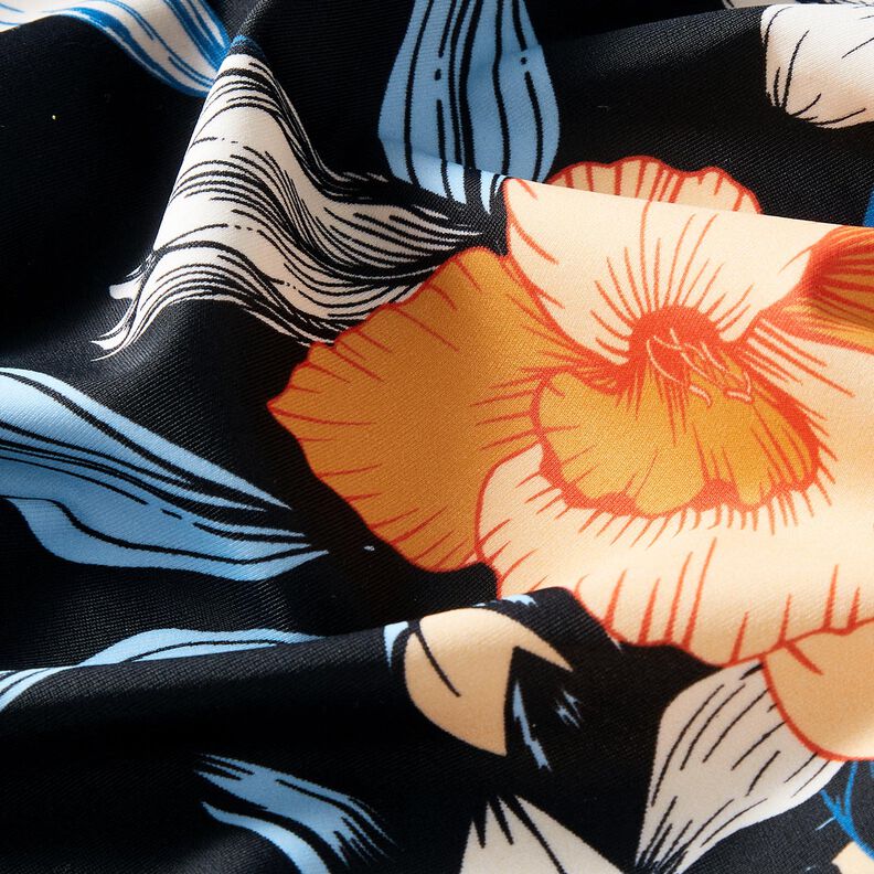 Badpakstof grote hibiscusbloemen – zwart blauw/perzik,  image number 2