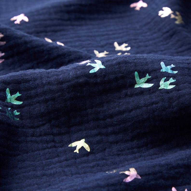 Mousseline/dubbel gehaakte stoffen Zwaluwen Foliedruk | Poppy Fabrics – nachtblauw/kleurenmix,  image number 5