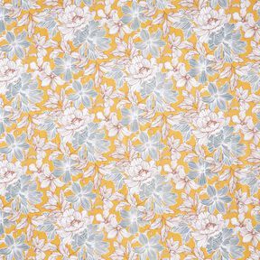 Katoenen stof Cretonne grote bloemen – mosterd/grijs, 