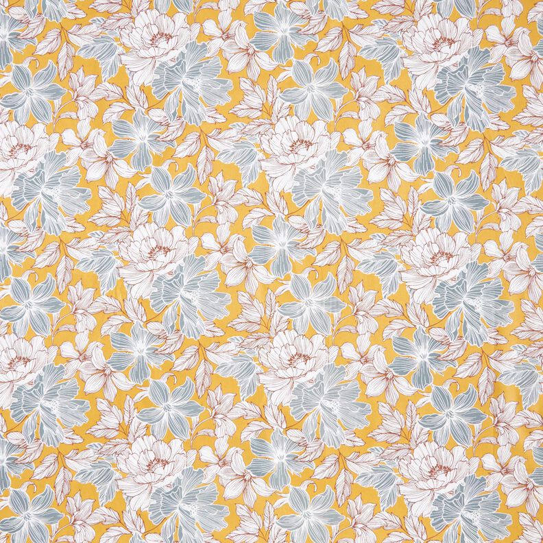 Katoenen stof Cretonne grote bloemen – mosterd/grijs, image number 1