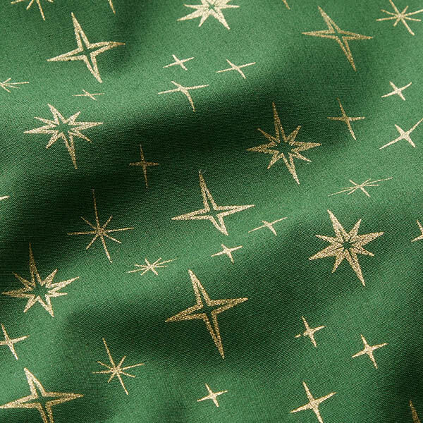 Katoenen stof Popeline fonkelende sterren – groen/goud, image number 2