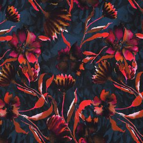 Katoenjersey expressieve bloemen Digitaal printen – nachtblauw/druif, 