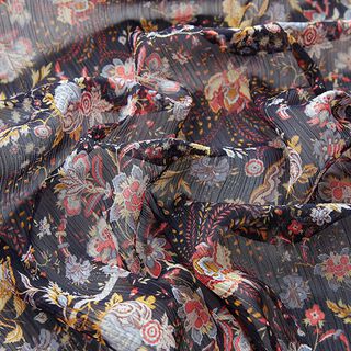 Crêpe chiffon met glanzende strepen retrobloemen – zwart, 