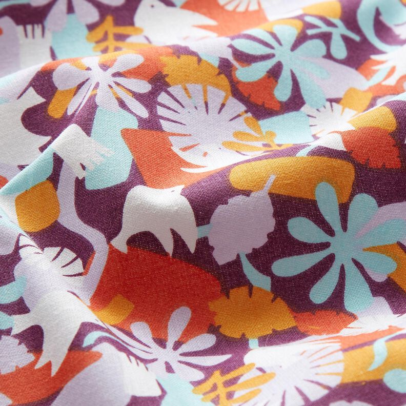 Katoenen stof Cretonne Vogels en bloemen – druif/pastelviolet, image number 2