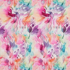 Gestructureerde stof stretch aquarel bloemen digitale print – lavendel/perzik sinaasappel, 
