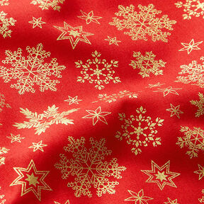 Katoenen stof Popeline Sneeuwkristal – rood/goud, 