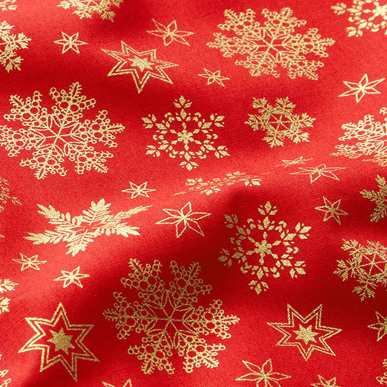 Katoenen stof Popeline Sneeuwkristal – rood/goud, image number 2