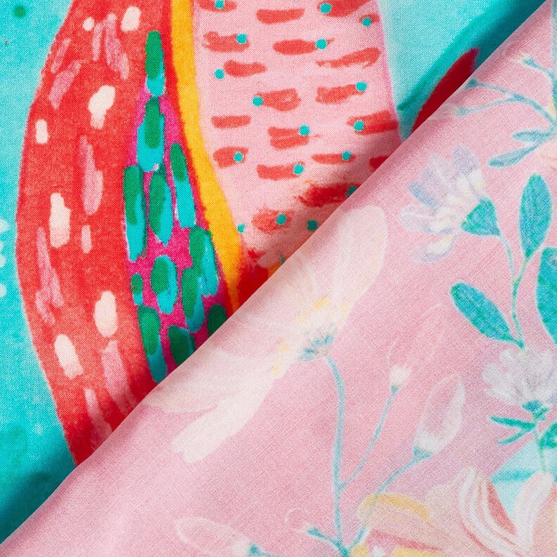 Strandkleding paneel pareo pauwen en bloemen – aquablauw/intens roze, image number 5