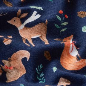 Katoenjersey Dieren in de herfst Digitaal printen  – nachtblauw, 