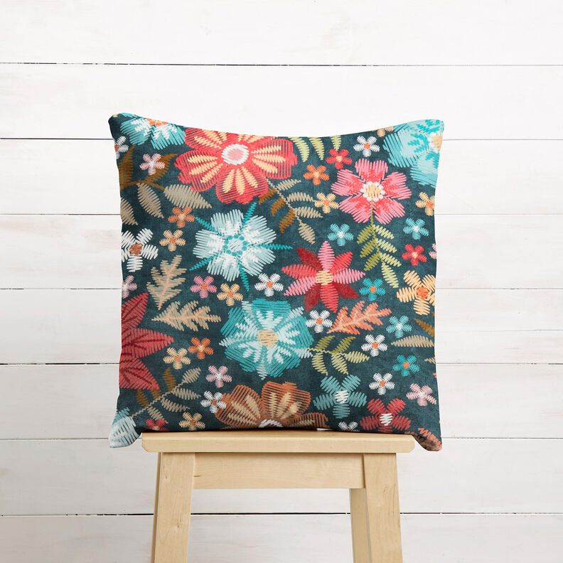 Decoratiefluweel Geborduurde bloemen – petroleum/karmijnrood,  image number 8