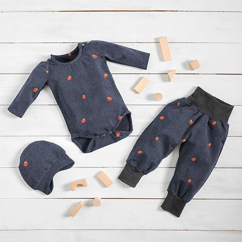 Katoenjersey Jeanslook aardbeien Digitaal printen – blauwgrijs/vuurrood, image number 5