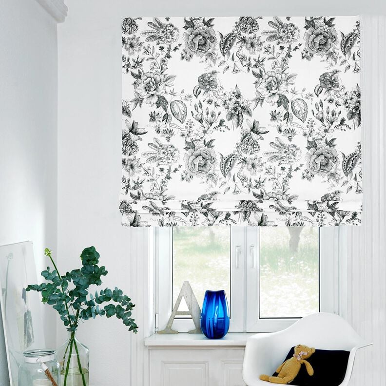 Decostof Half panama pittoreske bloemen – wit/zwart,  image number 6
