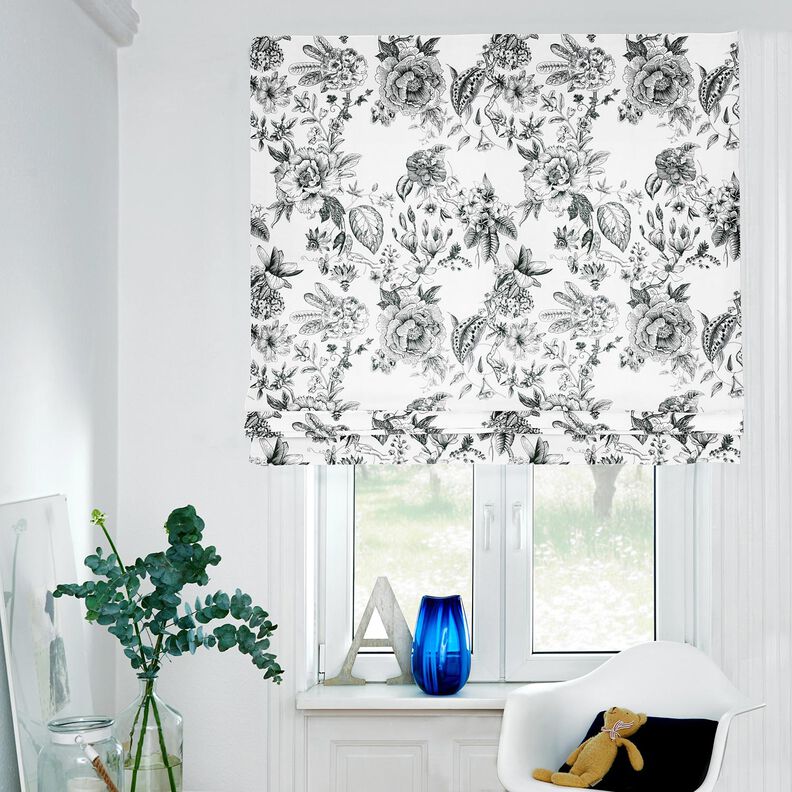 Decostof Half panama pittoreske bloemen – wit/zwart, image number 6