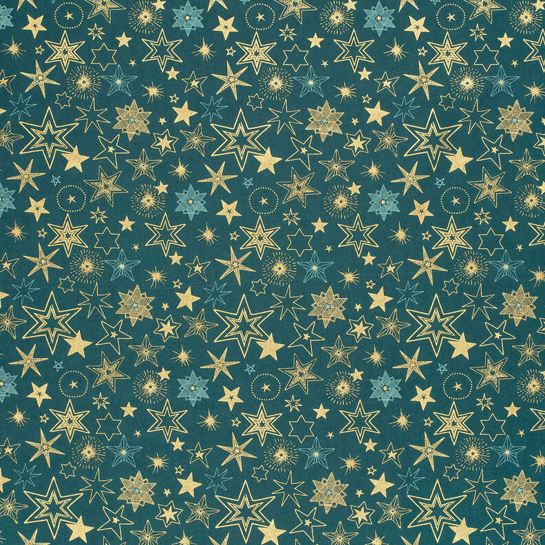 Katoenen stof Popeline Grote sterren – blauwe spar/goud, image number 6