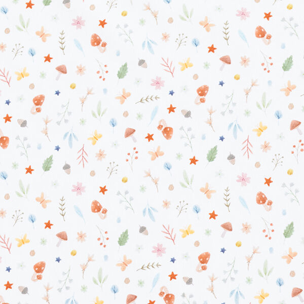 Biologische katoenjersey bloemen, paddenstoelen, bladeren – wit,  image number 1
