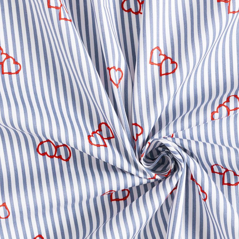 Popeline stretch Strepen en harten – wit/indigo,  image number 3