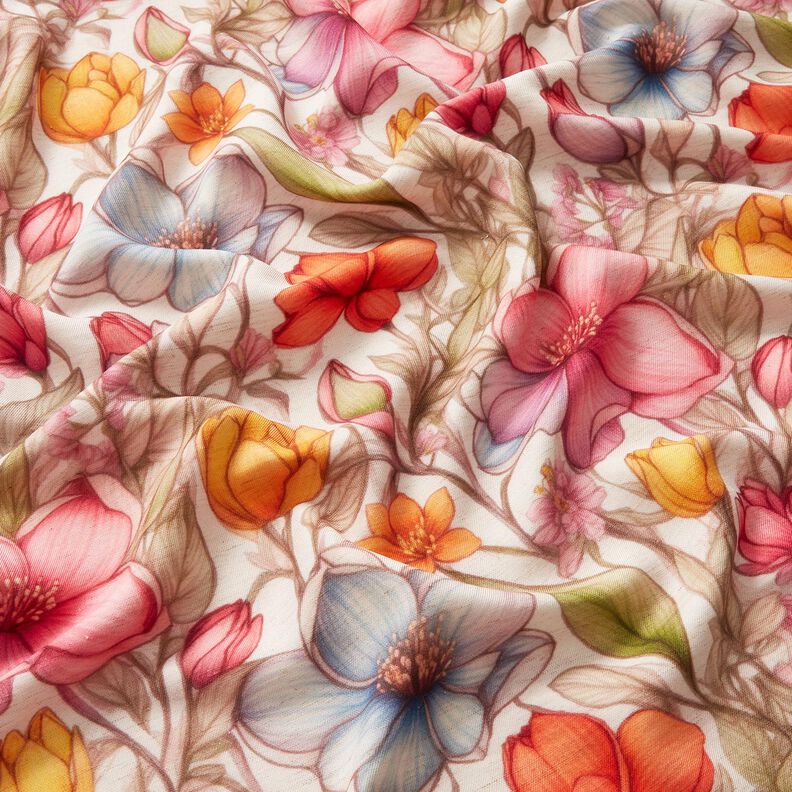 Viscose-linnen-mix Bloemen en rozenranken – natuur/vuurrood, image number 2