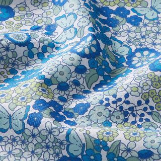 Katoenen stof Cretonne Bloemen en vlinders – blauw/riet, 