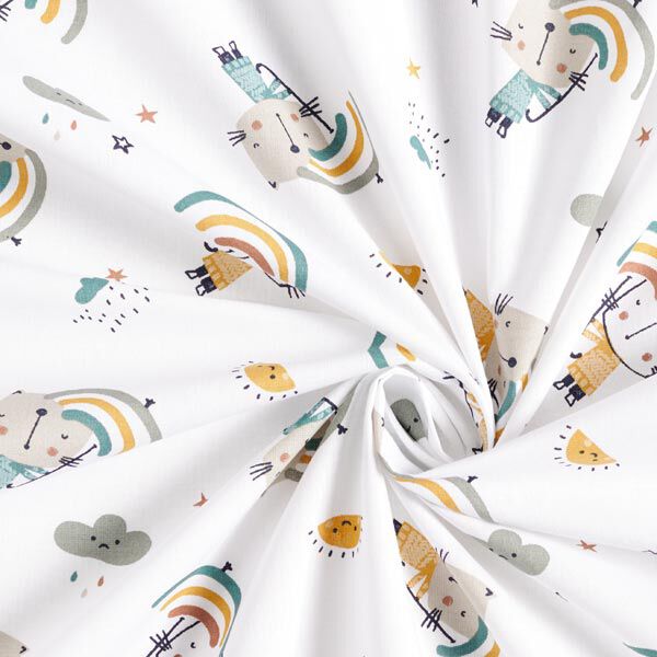 Katoenen stof Cretonne katten met regenboogparaplu's – wit, image number 3