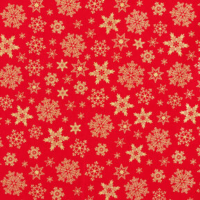 Katoenen stof Popeline Sneeuwkristal – rood/goud, 