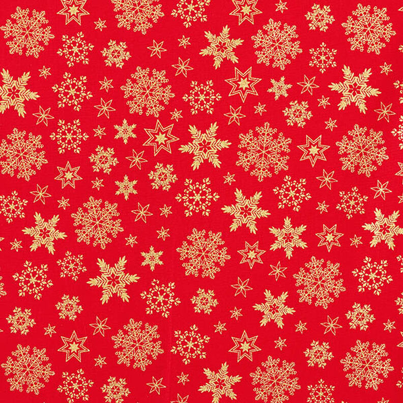 Katoenen stof Popeline Sneeuwkristal – rood/goud, image number 1