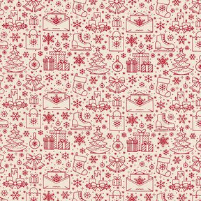 Katoenen stof Cretonne grafische kerstmotieven – natuur/karmijnrood, 