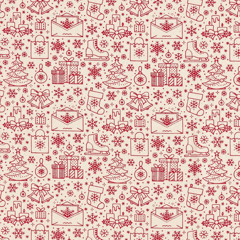 Katoenen stof Cretonne grafische kerstmotieven – natuur/karmijnrood,  image number 1