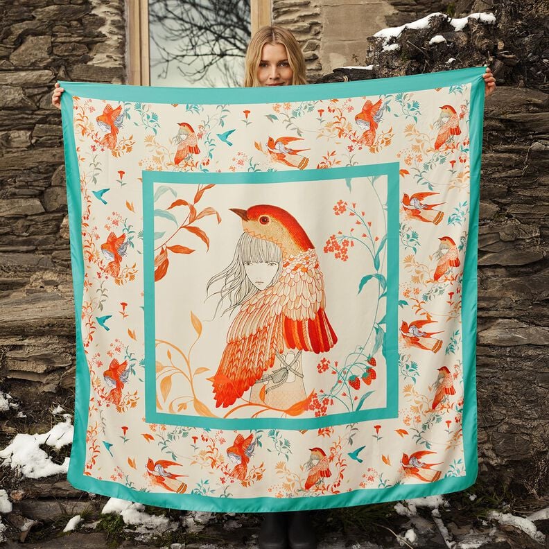 Satijnen paneel vogels en feeën | Katia Fabrics – aquablauw/creme,  image number 5