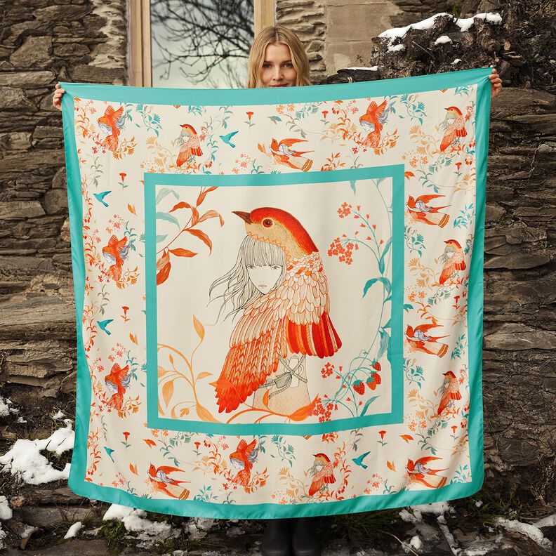 Satijnen paneel vogels en feeën | Katia Fabrics – aquablauw/creme, image number 5