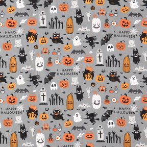 Katoenen stof Popeline Happy Halloween – olifantgrijs/lichtoranje, 