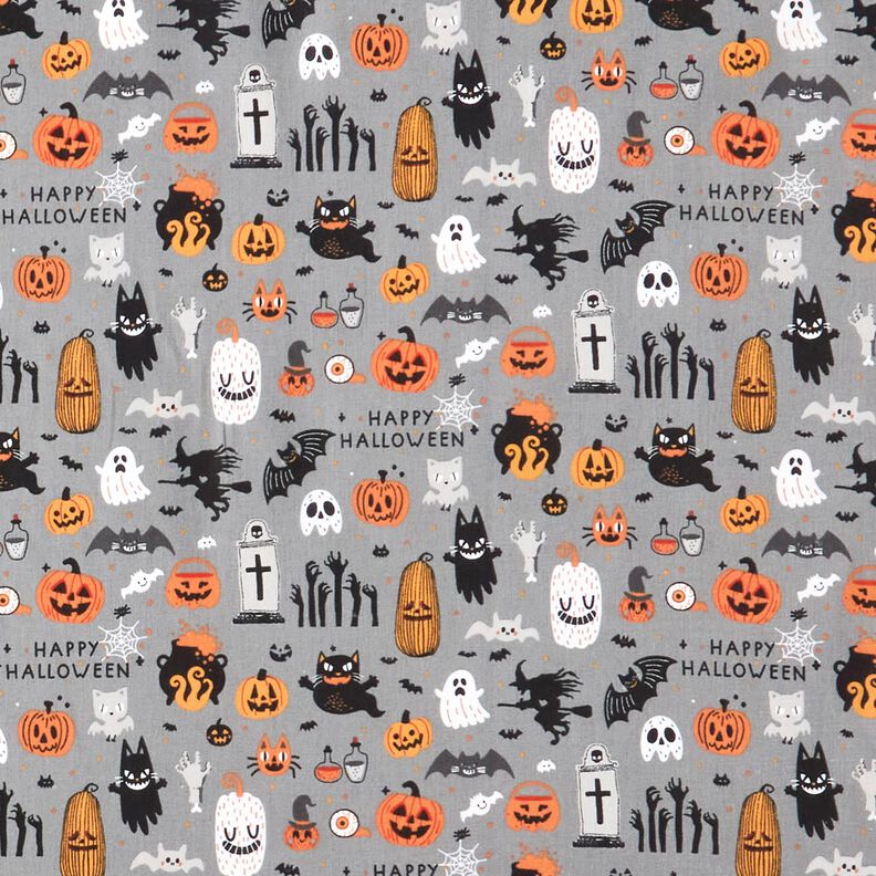 Katoenen stof Popeline Happy Halloween – olifantgrijs/lichtoranje, image number 1