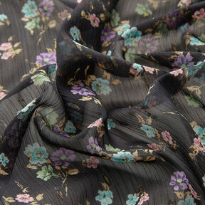 Crêpe chiffon Dobby & bloemen – zwart/lichtblauw, 