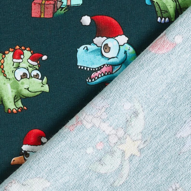 French Terry sommersweat Kerstdinosaurussen onder palmbomen | Glitzerpüppi – petroleum/lichtgroen, image number 4