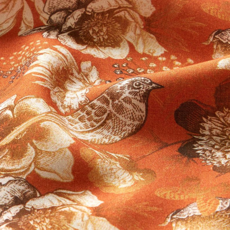 Viscosestof Vogels en wilde rozen – terracotta/karamel,  image number 2