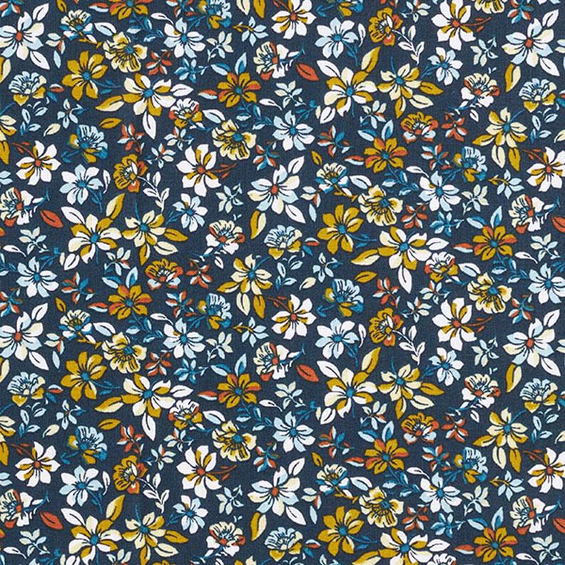 Katoenen stof Cretonne kleine bloesems – zonnegeel/marineblauw,  image number 1