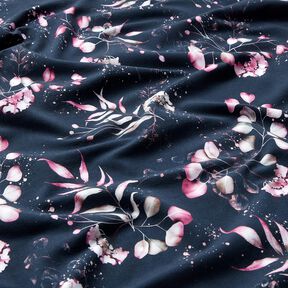 Katoenjersey Eucalyptus en hortensia's | Glitzerpüppi – nachtblauw/roze, 