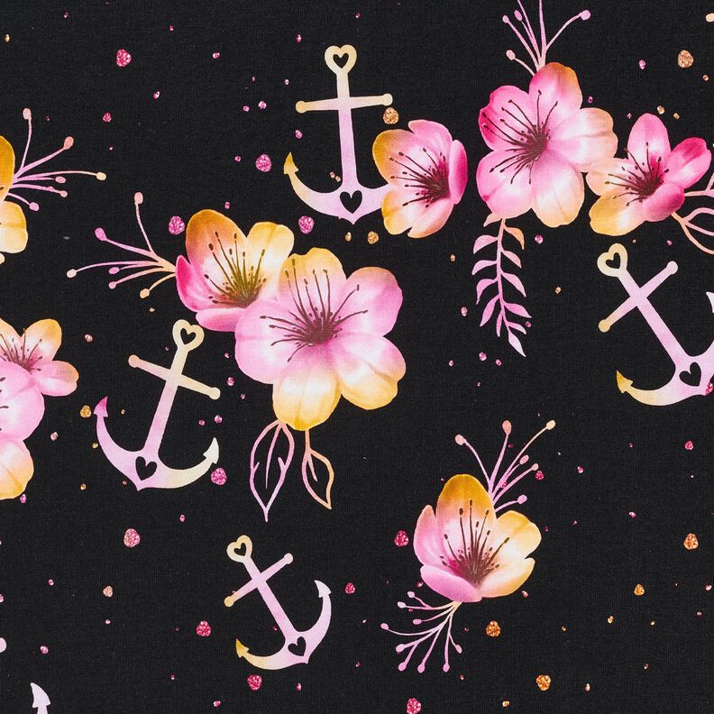 Katoenjersey maritieme bloemen | Glitzerpüppi – zwart/purper,  image number 7