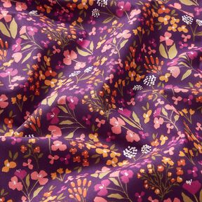 Katoenen stof Cretonne Weidebloemen – aubergine/roze, 