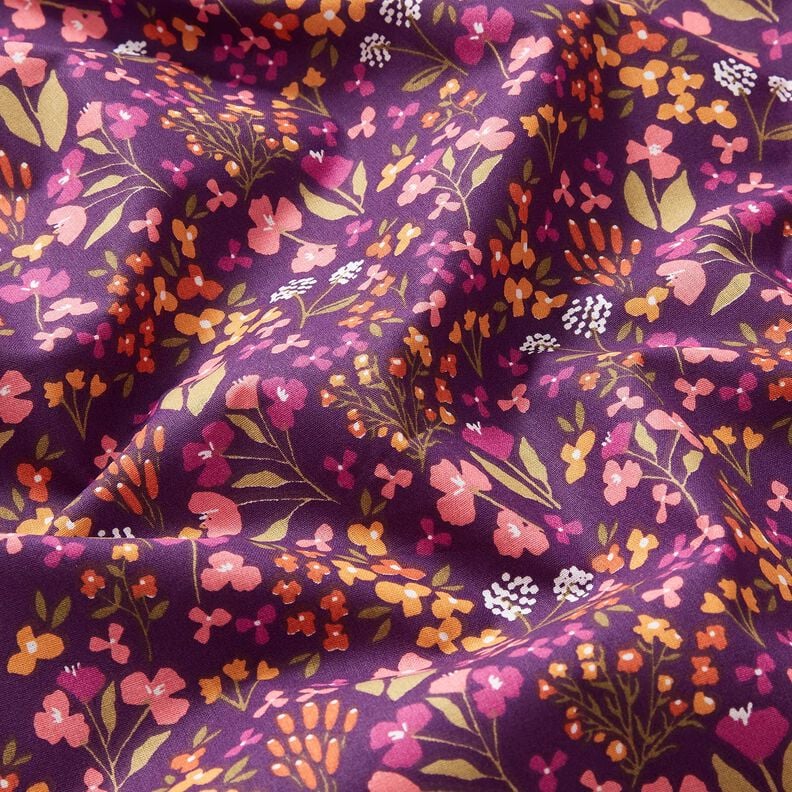 Katoenen stof Cretonne Weidebloemen – aubergine/roze,  image number 2