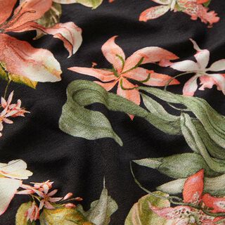 Viscosejersey tropische bloemen – zwart, 