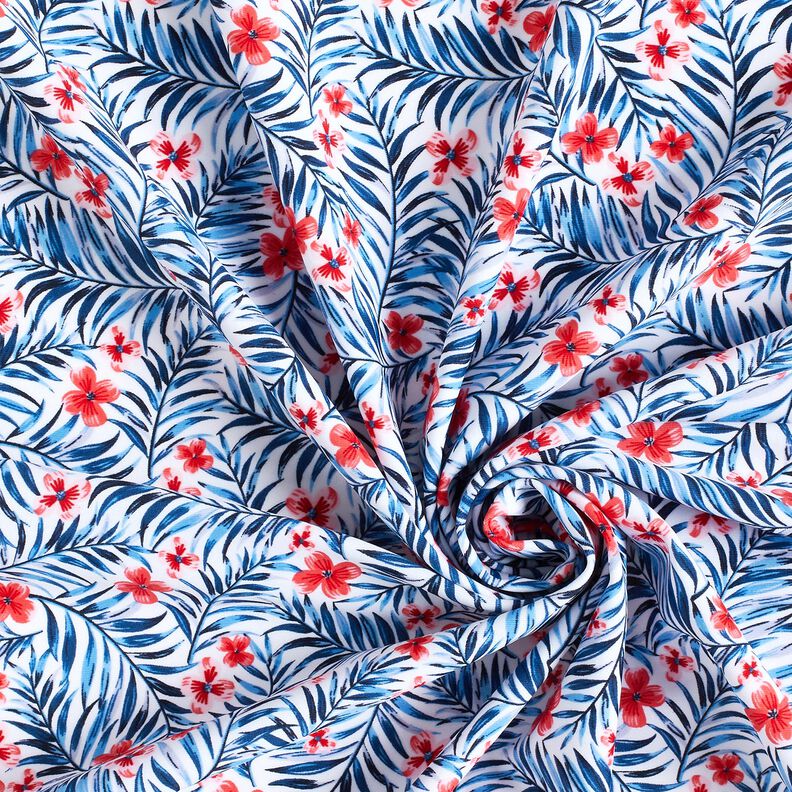 Badpakstof Bloemen en palmbladeren – wit/indigo,  image number 3