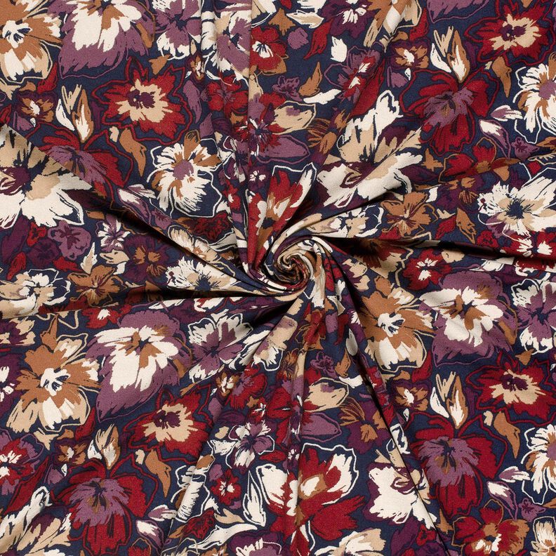 Viscosejersey expressieve bloemen – marineblauw/roodlila,  image number 3