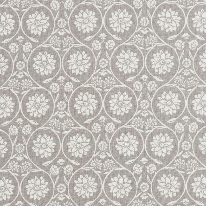 Katoenen stof Cretonne Bloemen en ranken – zilvergrijs/wit,  image number 1