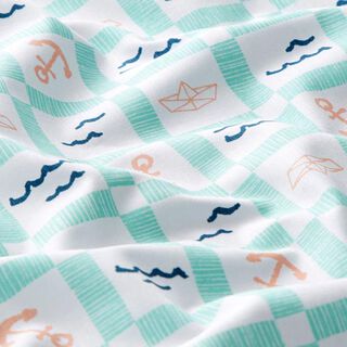 Katoenen stof Cretonne Maritieme ruiten – wit/pastelgroen, 